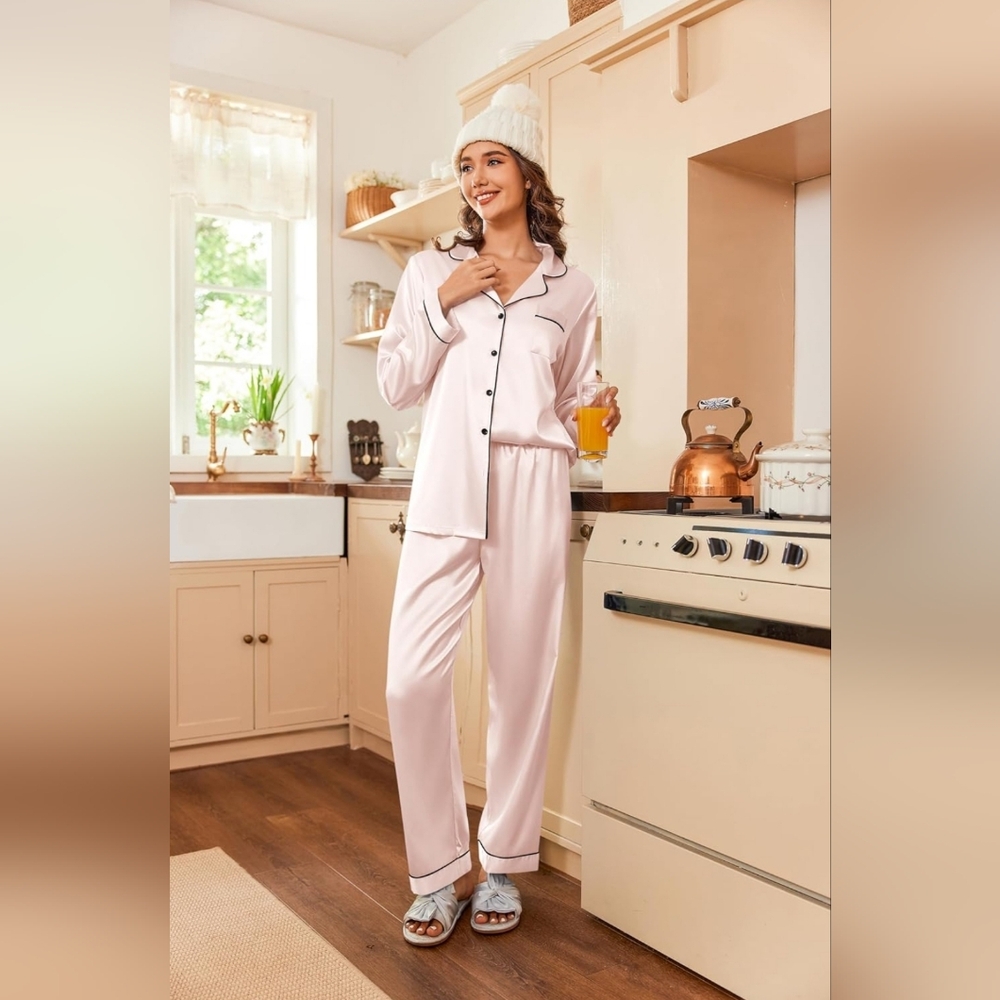 Women's Pink Satin Pajama Set